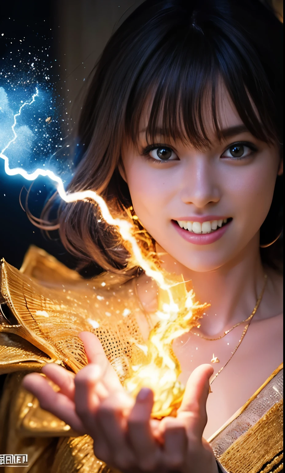 (Skin Dentition:1.5), Realistic, Realistic, (masterpiece:1.5), Concept Art, Intricate details, Very detailed, Realistic, Octane Rendering, 8K, Unreal Engine, Dynamic pose, Highest quality, High resolution, (Realistic Face:1.1), (超Realisticな:1.1), ((full_body)), Perfect Eyes,(Shiny skin:1.2), (((Hairstyle))), (((Perfect hands))), (Very detailed背景), ((Dynamic Background)), ((lightning)), (light), ((One girl)),  ((Fine grain, High quality eyes, High quality face)), (god々しいギリシャgod話に出てきそうな女godの白い衣装), (アポロンgod殿),(magical robes), short hair, casting lightning, electricity, Swirling Flames, Radiation Force, spark, cigarette, magic, ((dramatic)), amazing, battlefield, Depth of written boundary, Deep depth of field bokeh, 4K, Gothic, human, particle
