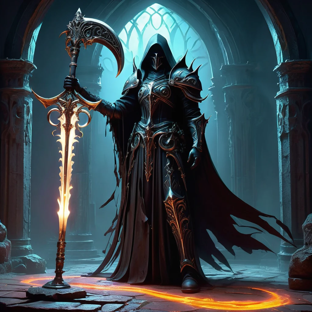 Envision a medieval fantasy scythe standing tall in a shadowy, mystical chamber, its presence commanding respect and awe. The scythe's handle is crafted from dark, ancient wood, wrapped in leather and adorned with silver runes that faintly glow with arcane power. The long, curved blade, forged from a rare, enchanted metal, gleams with a sinister yet captivating light, its edge honed to deadly perfection. Surrounding the scythe are relics of the past: dusty tomes, glowing crystals, and ancient artifacts, all hinting at forgotten magic and dark legends. Flickering candles cast eerie shadows that dance across the stone walls, creating an atmosphere of mystery and danger. Capture the essence of this formidable weapon, embodying both the beauty and terror of a medieval fantasy world