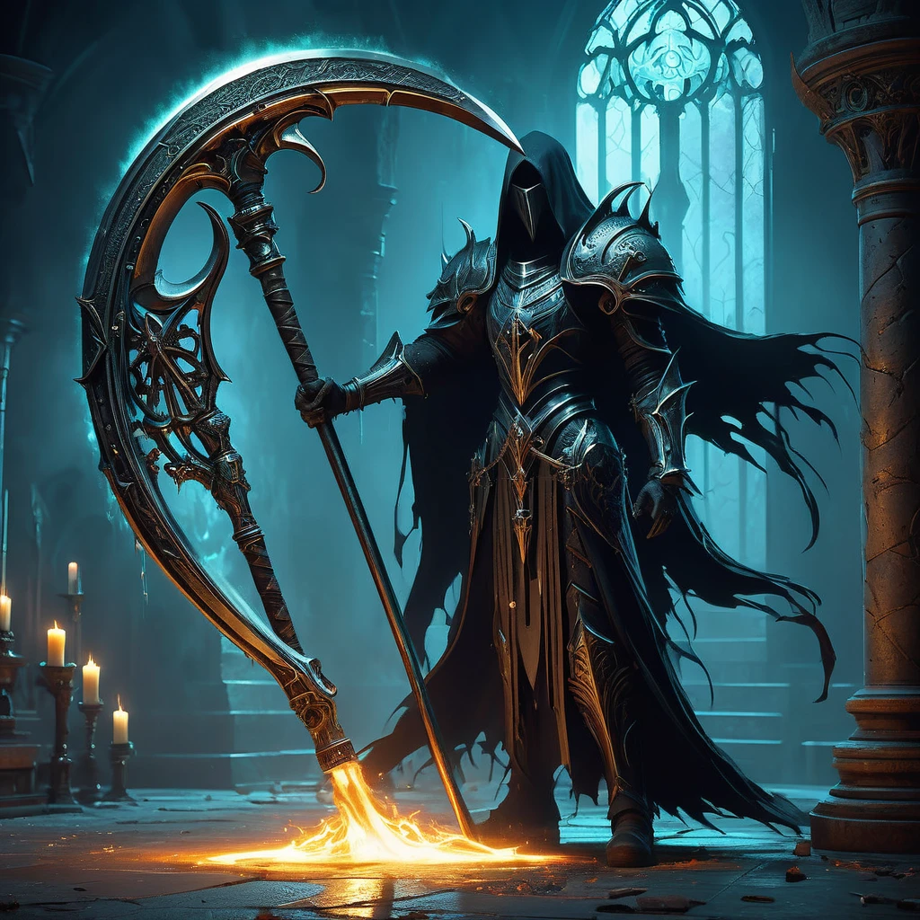 Envision a medieval fantasy scythe standing tall in a shadowy, mystical chamber, its presence commanding respect and awe. The scythe's handle is crafted from dark, ancient wood, wrapped in leather and adorned with silver runes that faintly glow with arcane power. The long, curved blade, forged from a rare, enchanted metal, gleams with a sinister yet captivating light, its edge honed to deadly perfection. Surrounding the scythe are relics of the past: dusty tomes, glowing crystals, and ancient artifacts, all hinting at forgotten magic and dark legends. Flickering candles cast eerie shadows that dance across the stone walls, creating an atmosphere of mystery and danger. Capture the essence of this formidable weapon, embodying both the beauty and terror of a medieval fantasy world