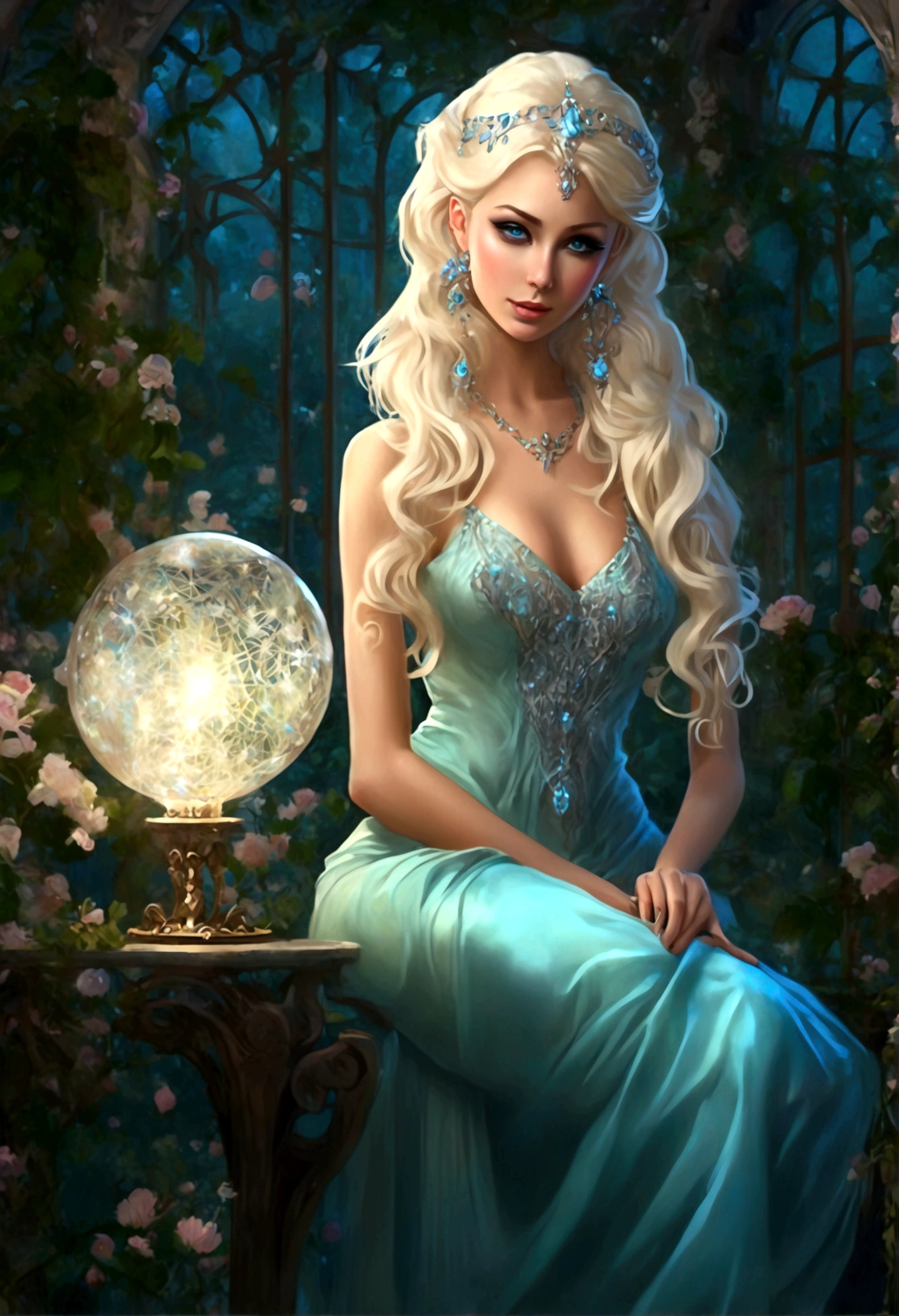A moon elf (greatly resembling Paris Hilton age 25, waist length hair, pale skin, crystal blue eyes, spider silk sheer evening gown) is flirting and studying the viewer, moonlit glade