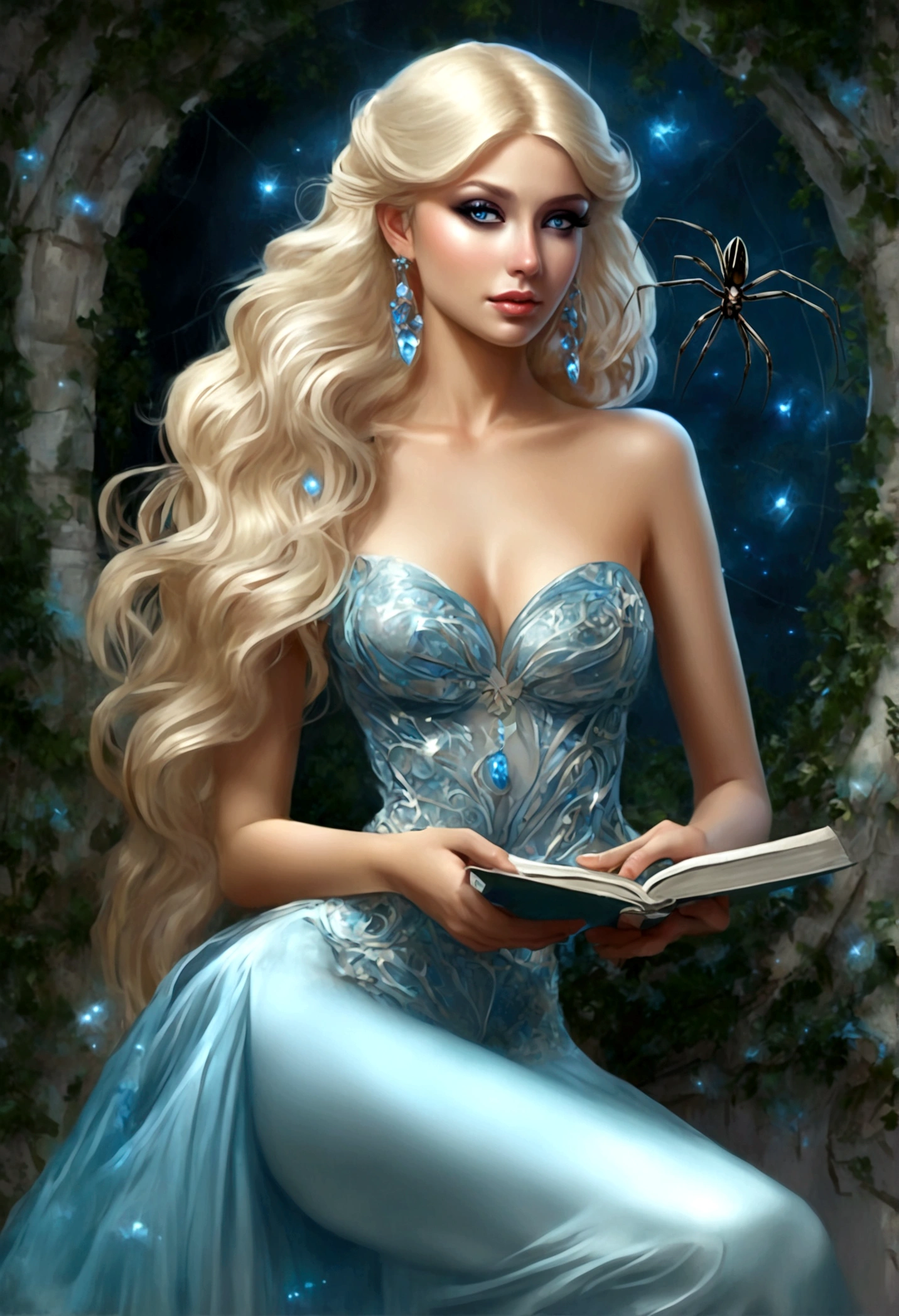 A moon elf (greatly resembling Paris Hilton age 25, waist length hair, pale skin, crystal blue eyes, spider silk sheer evening gown) is flirting and studying the viewer, moonlit glade