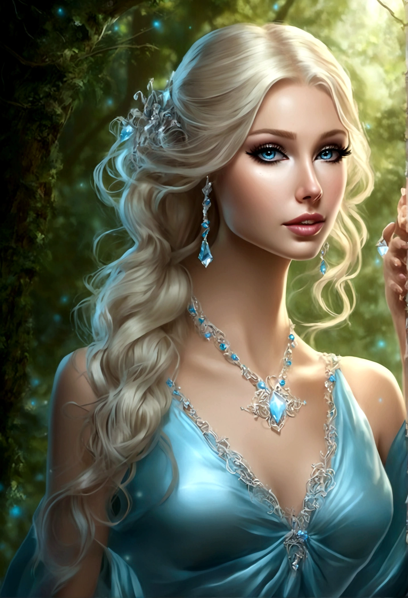 A moon elf (greatly resembling Paris Hilton age 25, waist length hair, pale skin, crystal blue eyes, spider silk sheer evening gown) is flirting and studying the viewer, moonlit glade
