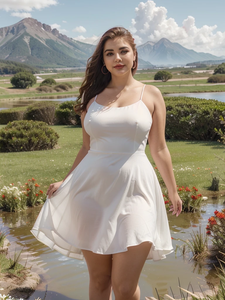 Araffe dress,Red dressRed wearing a short dress (white), a mountain of water near the grass, light green, shining flowers,Red skywearing a suit (white), lipstick (pink) Escasamente vestido.Smooth sky model Hermosa figuracuerpo voluptuoso curvy hermosas sonrisa seductora Retrato Gabriella Lin Rojo Orange dress Red