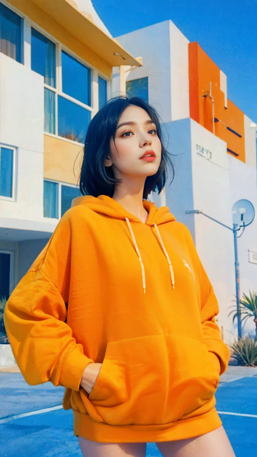 1 girl, beautiful, black bob hair, almond eye, no makeup, wear ((oversized orange hoodie)), ((oversize_hoodie)), peach tennis skirt in front of ((80's mondrian architecture colorful motel)),(from below:1.2), (realistic:1.1), (surreal:1.2), (very detailed:1.1), ((masterpiece)), summer, blue sky, (palm trees),sunny, los angles vibes,