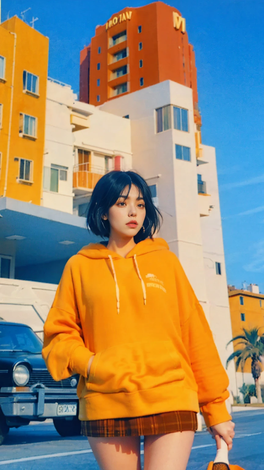 1 girl, beautiful, black bob hair, almond eye, no makeup, wear ((oversized orange hoodie)), ((oversize_hoodie)), peach tennis skirt in front of ((80's mondrian architecture colorful motel)),(from below:1.2), (realistic:1.1), (surreal:1.2), (very detailed:1.1), ((masterpiece)), summer, blue sky, (palm trees),sunny, los angles vibes,