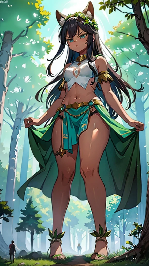 In a forest of large trees there is an even larger Amazonian giantess, with brown skin, black hair, thin, with clothes of the forest, and with very long legs, she is looking for small human invaders of the forest to destroy them so that they do not disturb the peace of the forest. Giantess, goddess, hot, black skin, tall legs, sexy, tiny people, tiny humans, crush, forest, trees, standing, group of small people, slim body, angry, gore