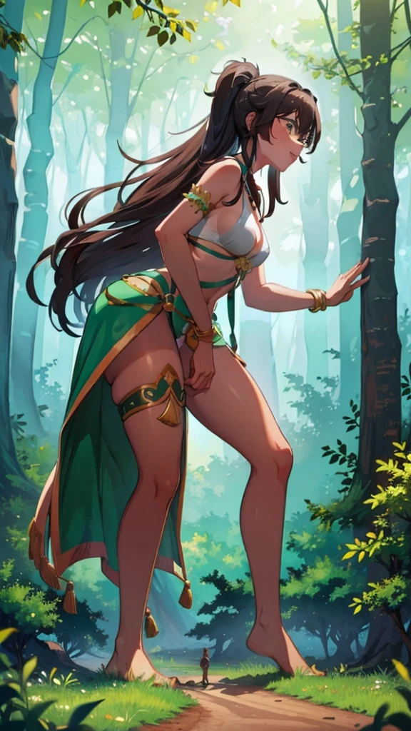 In a forest of large trees there is an even larger Amazonian giantess, with brown skin, black hair, thin, with clothes of the forest, and with very long legs, she is looking for small human invaders of the forest to destroy them so that they do not disturb the peace of the forest. Giantess, goddess, hot, black skin, tall legs, sexy, tiny people, tiny humans, crush, forest, trees, standing, group of small people, slim body, angry, gore