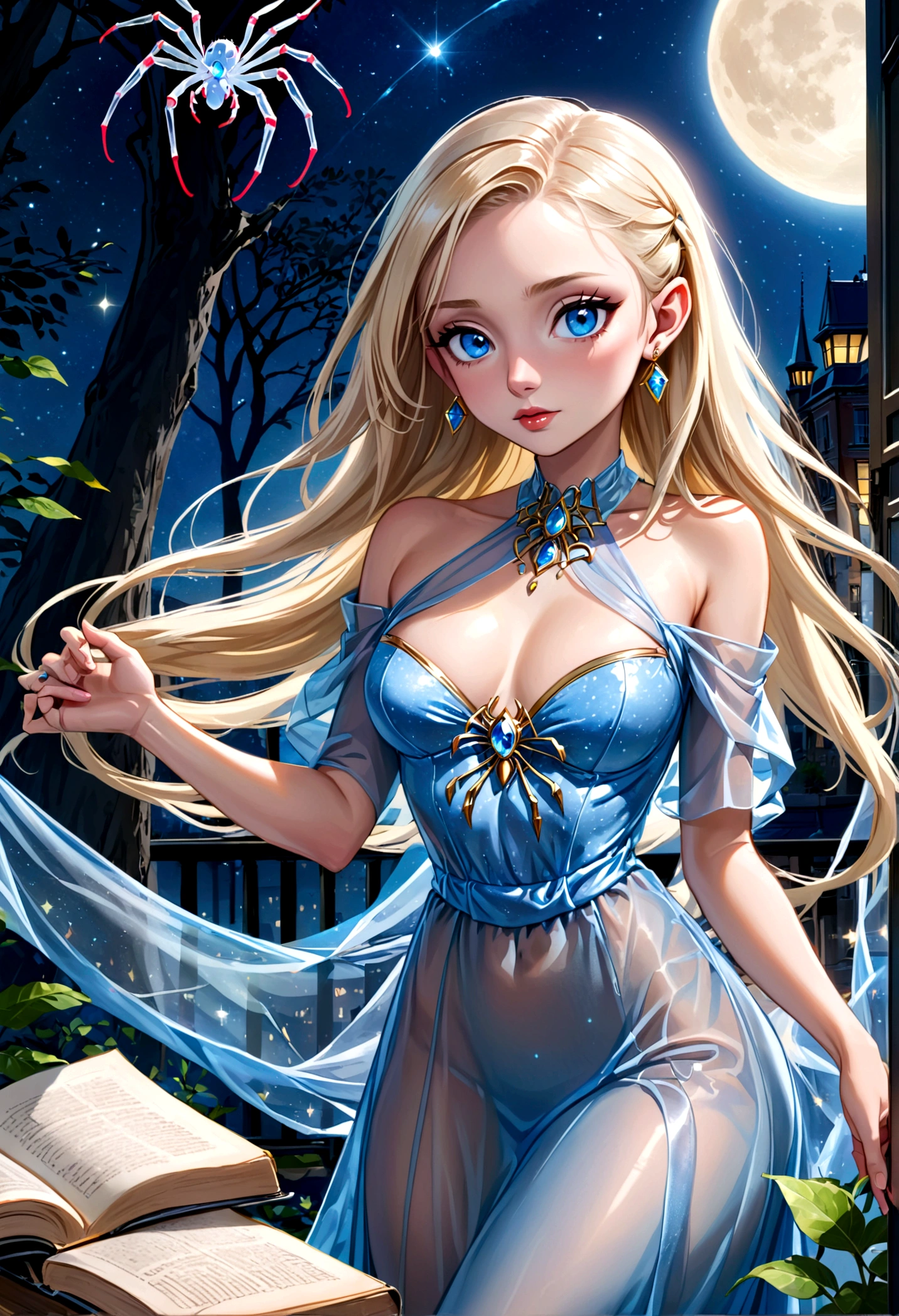 A moon elf (greatly resembling Paris Hilton age 25, waist length hair, pale skin, crystal blue eyes, spider silk sheer evening gown) is flirting and studying the viewer, moonlit glade
