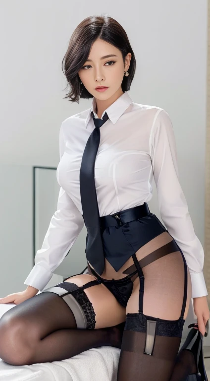 (8K, Highest quality, masterpiece:1.2), (Realistic, Realistic:1.37), Super detailed, 1 Girl, whole body, Stay in the office, (Tuned Hair:1.5) office lady, Black office suit, Office Mini Skirt, (白のGarter pantyhose: 1.2), (Short Button Down Shirt: 1.2), Button-up collar prim, Button-down collar prim, good, (Garter pantyhose: 1.2), Alpha Layer, High heels, Beautiful earrings, Beauty, alone, Beautifully detailed skies, (Serious face: 1.15), (Mouth closed), Small breasts, Nipples bulging out from under the shirt、Beautiful attention to detail, business suit, (short hair: 1.2), Floating Hair NovaFrogStyle,garter belt、Mature, long face、whole body画像、Garter stockings in natural skin tones、Garter belt 