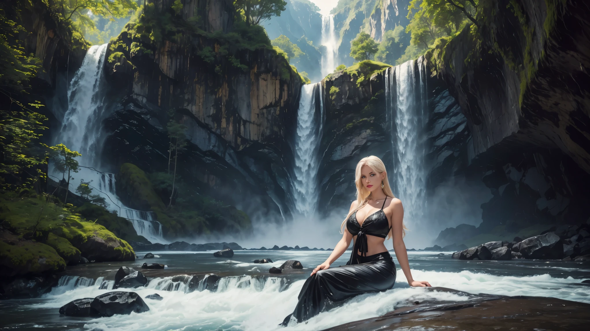 In an 8k resolution photo, a stunning Transylvanian woman with a perfect physique, platinum blonde hair flowing down her back like a river of gold and piercing blue eyes takes center stage at the edge of a huge waterfall overlooking the  valley.  Her features are accentuated by bright red lipstick and large gold hoop earrings.  Round bangs frame her face as she sits confidently facing the camera.  She wears an elegant black camisole that shows off her perfect body.

The high-angle shot captures the grandeur of the majestic waterfall's peak, with the woman situated at its edge, overlooking a breathtaking valley.  The deep view expands to reveal a fusion of lush forest, waterfall, river, volcano and lava flow amidst the darkness, as if the very forces of nature have converged in this mystical realm.