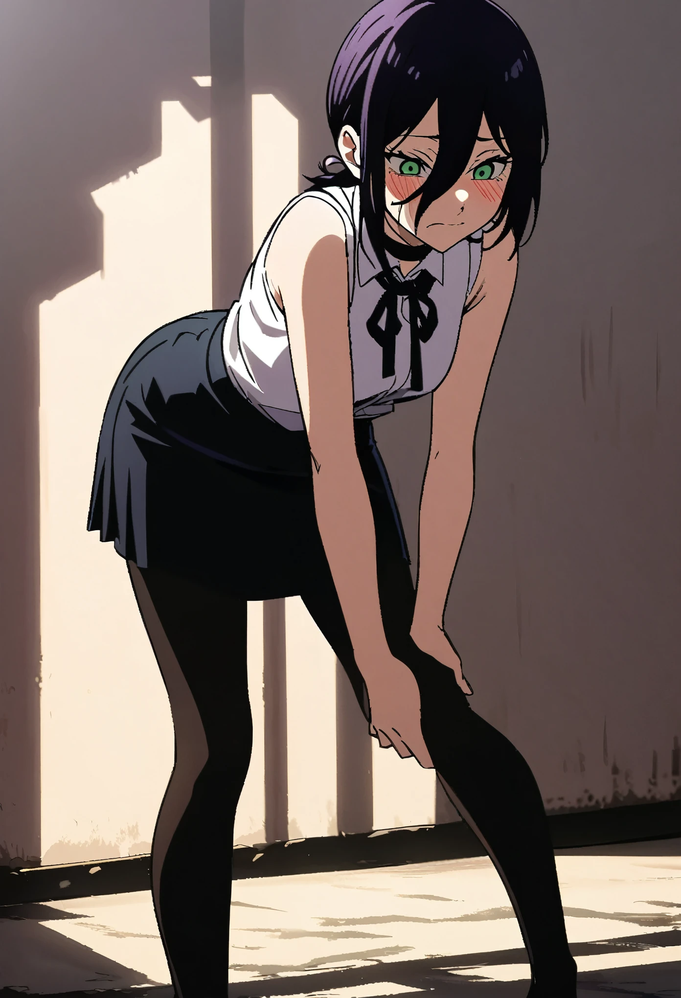 Reze,Reze Chainsaw Man,1girl, solo, short purple hair, green eyes, shy expression, blushing, black choker, white sleeveless shirt, black ribbon on collar, black high-waisted short skirt with slit, black thigh-high stockings, standing pose, body slightly leaning forward, hands down, left hand touching skirt, alleyway background, cityscape, shadowed walls, sunlight from above, anime style, high contrast, detailed linework, soft lighting