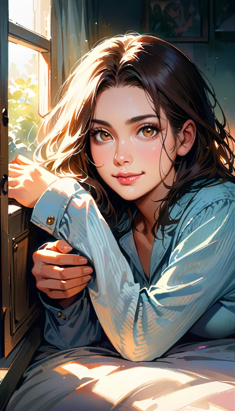 painting, a beautiful woman in pajamas, morning, the time of sunrise, she lies in bed and stretches hard, realistic, smiling, no makeup, disheveled hair, morning light, unlight streaming through the window, soft warm colors, highly detailed face, detailed eyes and lips, natural skin texture, fluffy bedsheets, warm lighting, 8k, best quality, masterpiece