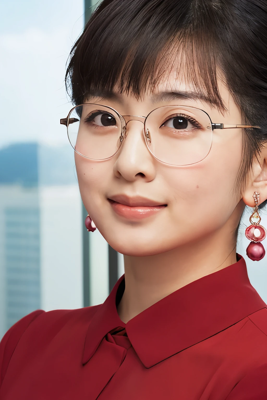 A Japanese woman, ((wearing rimless glasses)), wearing pearl earrings, slight smile, red lips, surrealism, high detail, film grain, panoramic, super high resolution, precise, pore-level skin, detailed face, detailed eyes