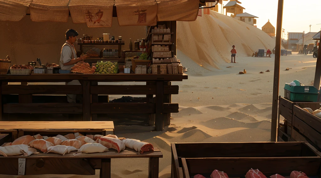 traditional market, market stall, (market tens), (they sell human flesh, chopped hand and feet, human meats), sellwooden box, wooden table, (sand ground, sand hill behind the stall), dawn time, early morning, 