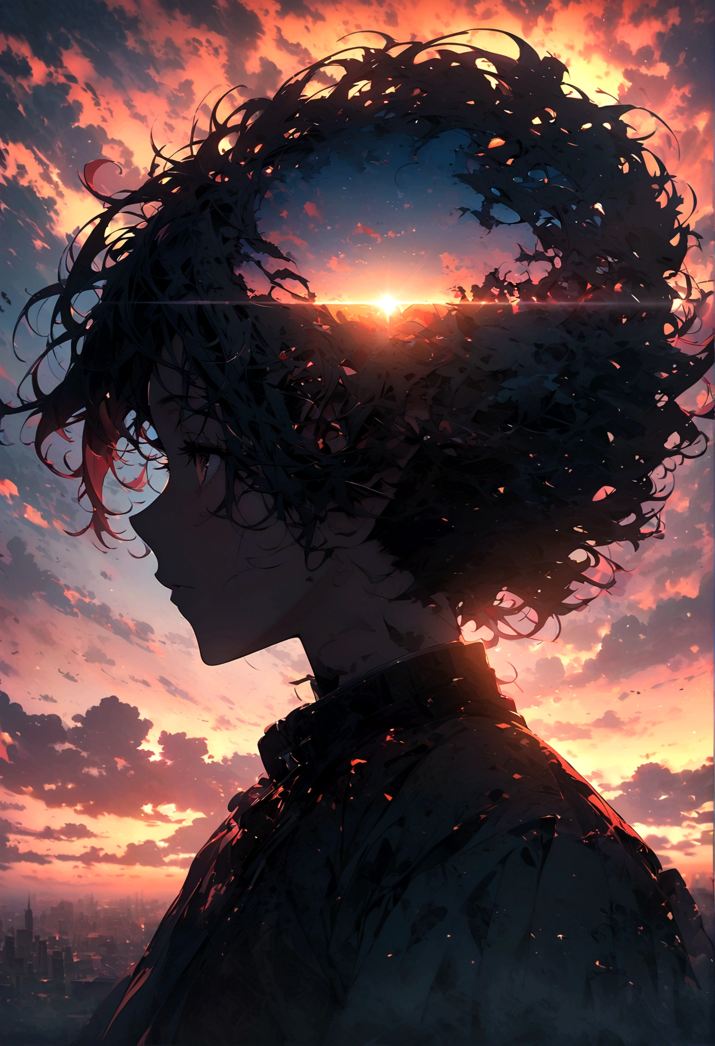 ((Masterpiece, top quality, high resolution)), ((highly detailed CG unified 8K wallpaper)), there is a plane that is flying in the sky at sunset, cloudy sunset, the sun up on the sky is strong, moody sunset in background, sky is orangish outside, sunset with cloudy skies, sky setting, sunset in the background, dusk sunset in background, it is sunset, sunset in background, sky in background, sky in the background, with dramatic sky, 