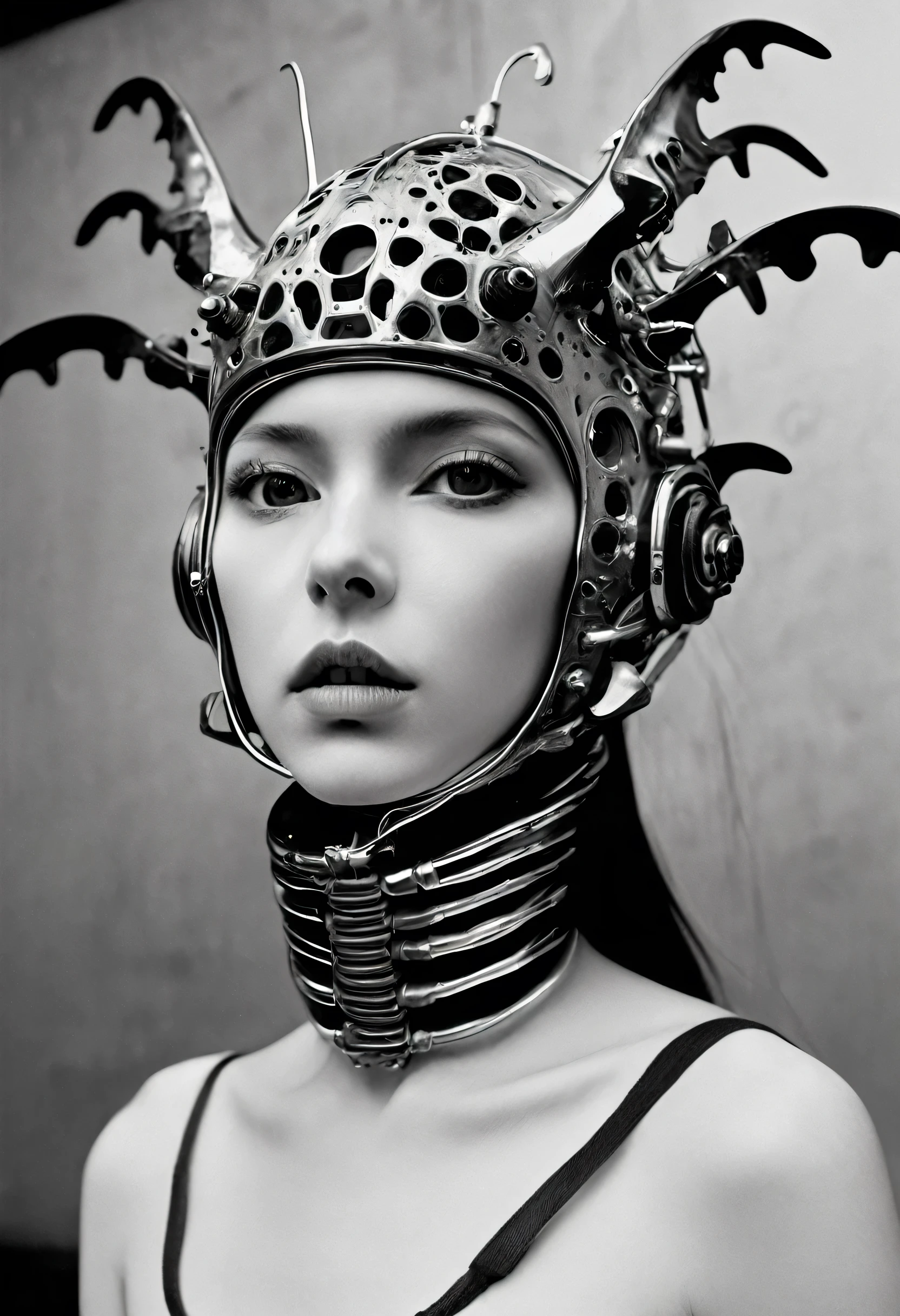Shocking visual art, a new interpretation of pop art, a strange and disturbing atmosphere, a breathless force, A close-up portrait A person wearing a biomechanical helmet, the helmet is made of organic and metallic parts, the person is looking to the right, the image is in black and white, the style is realistic and detailed, the artist is DeadDreamer.