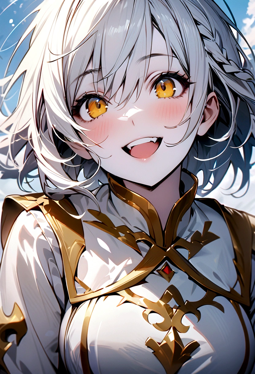 Top quality, High image quality, masterpiece, White hair, Golden Eyes, White clothes, look up, Upper Body, Hair, White skin, Side Braid, Smile, Double teeth