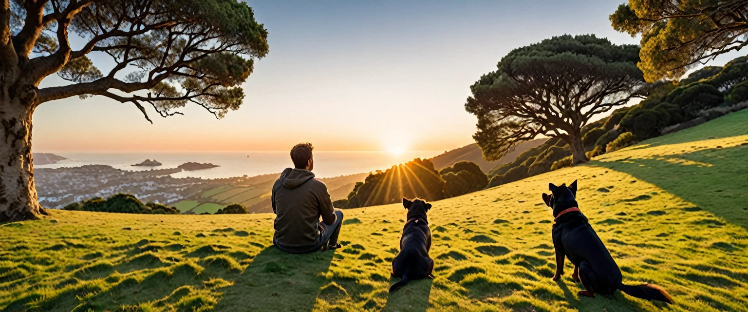 score_9, score_8_up, score_7_up, source_photo, photography, realistic, detailed, 8k, dynamic angle, rating safe, (((ultra wide shot))), Sunrise, a man with a dog sitting on hill, trees, far from sea,