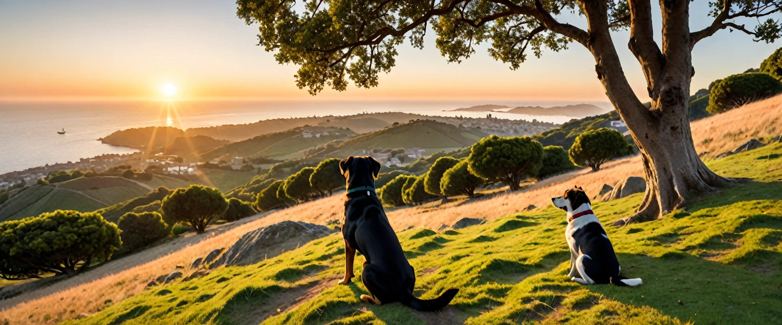 score_9, score_8_up, score_7_up, source_photo, photography, realistic, detailed, 8k, dynamic angle, rating safe, (((ultra wide shot))), Sunrise, a man with a dog sitting on hill, trees, far from sea,