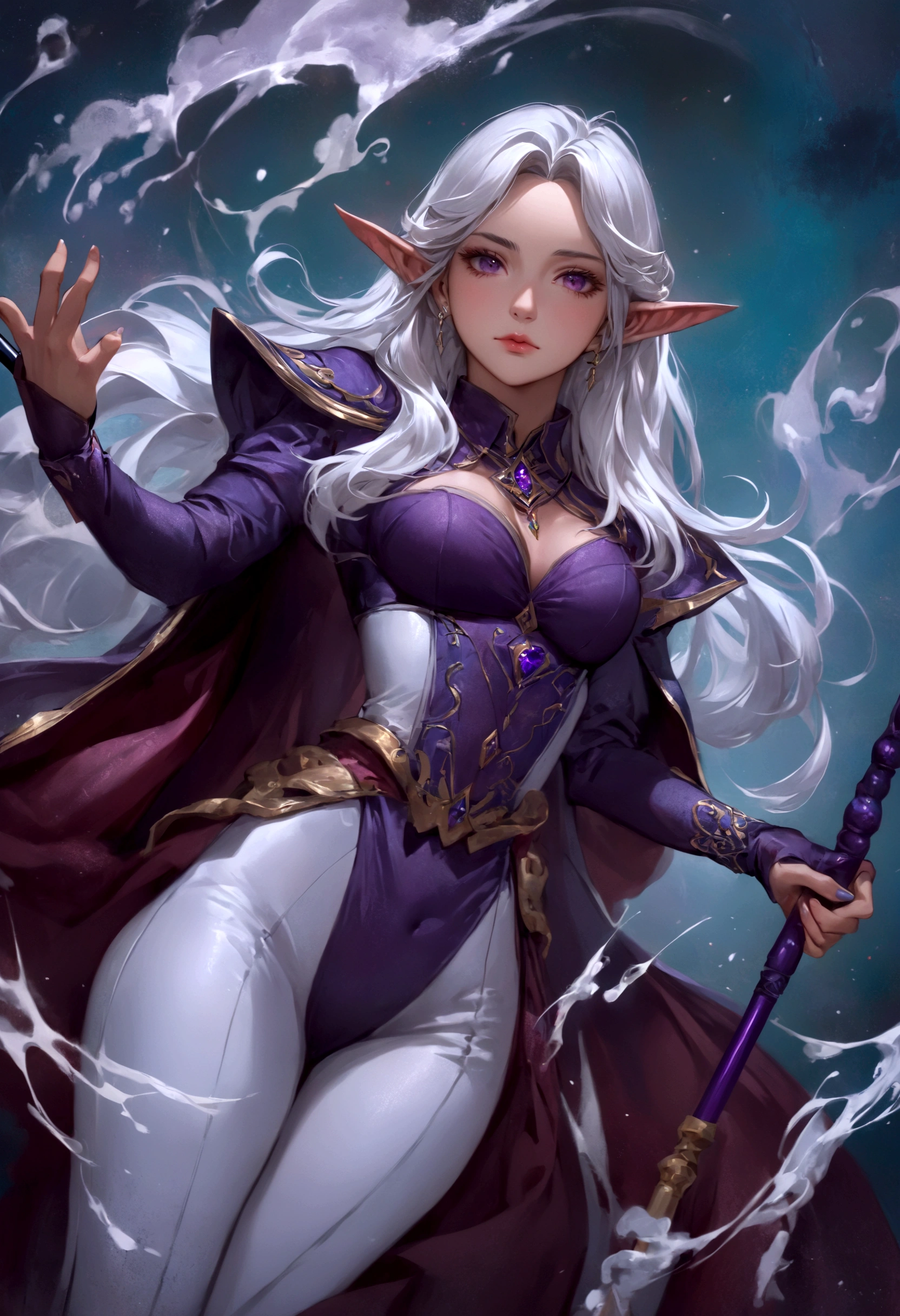 a woman with white hair and a purple dress holding a purple cane, extremely detailed germ of art, germ of art detailed, ig model | germ of art, astri lohne, aly fell and germ of art, germ of art lau, Portrait of a magician, germ of art. high detail, style of germ of art, detailed fantasy art