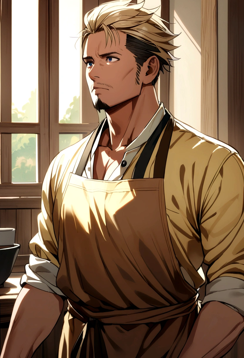 40 year old man, short blond hair, dark blue eyes, goatee, light yellow shirt, brown carpenter's apron.