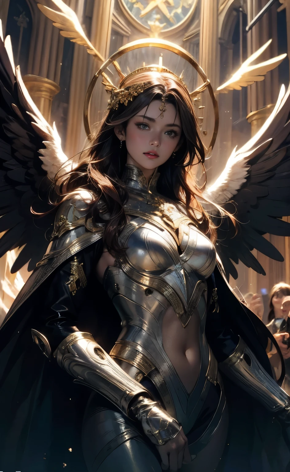 Carefully drawn limbs based on perfect anatomy,Official Art, unity 8k wallpaper, Super detailed, beautiful and aesthetic, high quality, beautiful, masterpiece, 最high quality, (zenTangle, Mandala, Tangle, enTangle:0.6), (One girl), holy, Big archangel wings on his back,A glittering halo is shining,beautifulギリシャ神話に出てくる女神,Photos that capture the essence of the action,