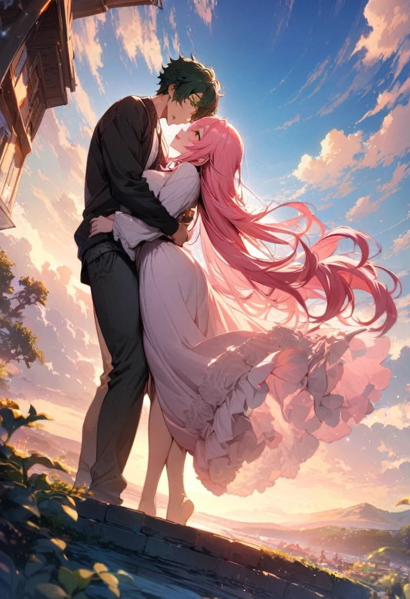 (couple), girl and boy, sky, rich in detail, embrace, happy expression, love, super wide angle, 1girl, (((masterpiece, best quality, scenery, aesthetic, heavenly))), ((girl with red eyes, vibrant pink long hair)), ((intimate)), 1boy, ((boy with green eyes, short black curly hair, slightly taller))