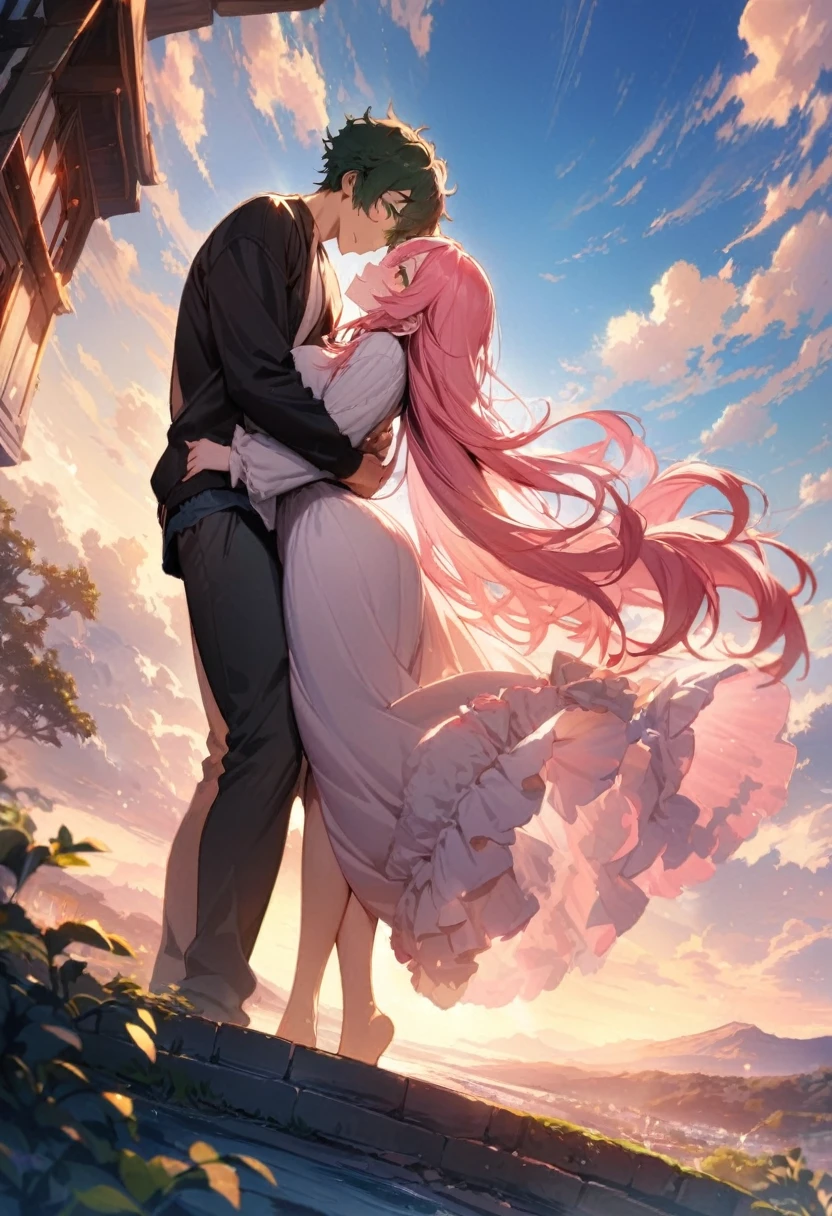 (couple), girl and boy, sky, rich in detail, embrace, happy expression, love, super wide angle, 1girl, (((masterpiece, best quality, scenery, aesthetic, heavenly))), ((girl with red eyes, vibrant pink long hair)), ((intimate)), 1boy, ((boy with green eyes, short black curly hair, slightly taller))