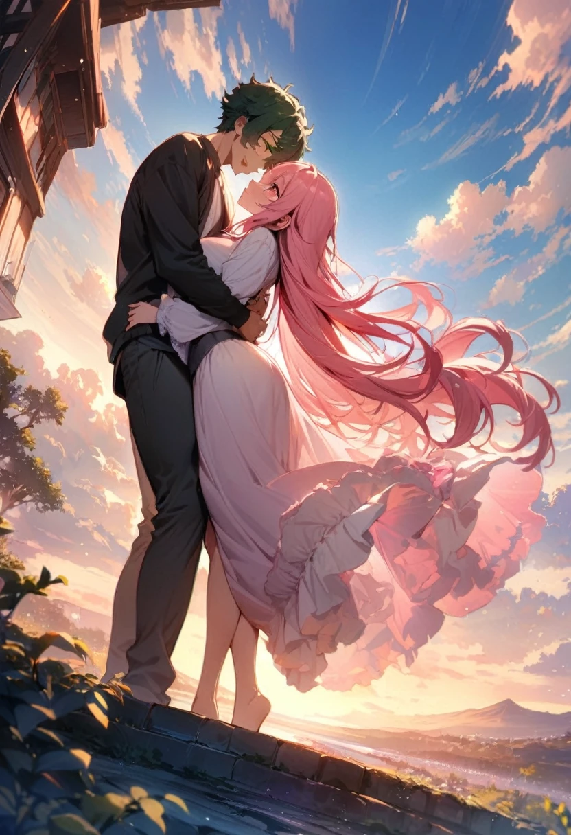 (couple), girl and boy, sky, rich in detail, embrace, happy expression, love, super wide angle, 1girl, (((masterpiece, best quality, scenery, aesthetic, heavenly))), ((girl with red eyes, vibrant pink long hair)), ((intimate)), 1boy, ((boy with green eyes, short black curly hair, slightly taller))