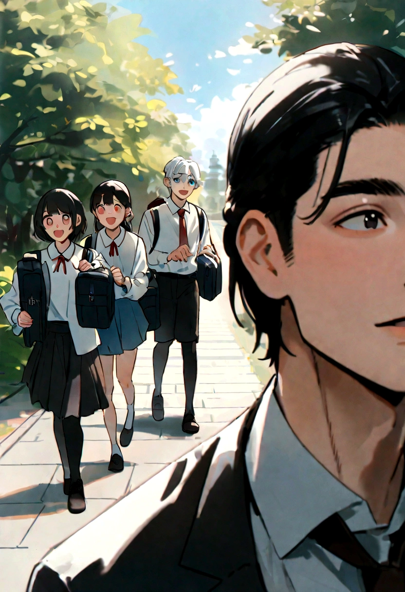 real, realisticlyexistg, Image Quality, super detailexistg, Super quality, Ultra HD, A male student and a female student, exist校园见面, Boys and girls walk together，Chexistese face, Carryexistg a school bag, exist , His face was filled with joy, real picture