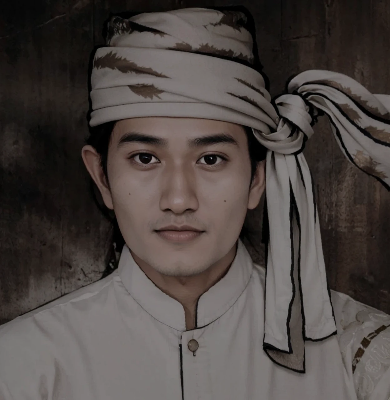 A man from Indonesia known as a king and warrior in Central Sulawesi, aged 30 years or over, wearing a head covering with ties on the sides, wearing old Islamic clothes covered at the top, brown skin, thin lips, clean eyes, clean shining face. HD quality realistic images