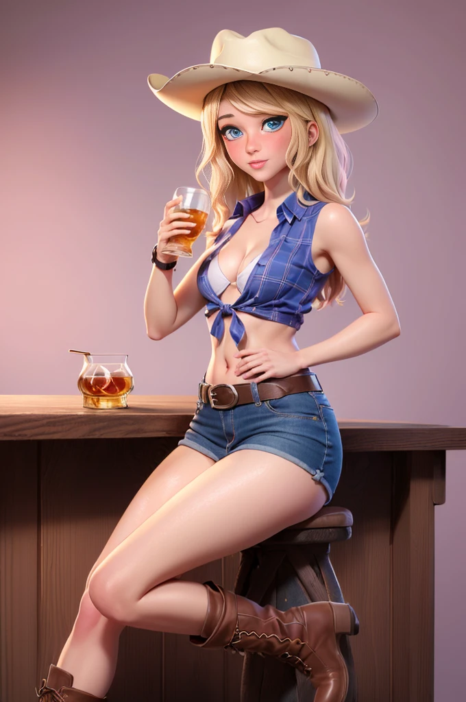 ((((1 person:2.0)))),(((Cowgirl Costume))),(((Slender body:1.2))),(((Small Ass:1.2))),(((Straight hair:1.2))),(((Denim mini skirt))),(((Wear a western hat))),(((Wear one leather belt))),(((He is wearing a sleeveless shirt, Plaid, Front tie shirt.))),(((wear the watch))),(((short boots))),(((Showing cleavage))),(((Showing your belly button))),(((Exposing thighs))),(((Small breasts:1.5))),(((Bare arms))),(((Her hair is blonde))),, Beautiful detailed girl, Very detailed目と顔, 緻密でBeautiful Eyes, Very detailed, High resolution, Highest quality, masterpiece, Very detailed, 8k wallpaper, wonderful, finely, Highest quality, The light shines on your face,(Dark basement bar),((Drinking whiskey:1.2)),Beautiful Eyes,(((Blushed:1.2))),Cowboy Shot