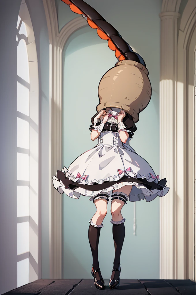 1girl, cute, innocent, sweet, shy, maid, maid outfit with frills, absurdres, high res, ultrasharp, 8K, masterpiece, (cell vore), (tail vore:1.3)