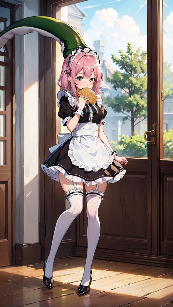 1girl, cute, innocent, sweet, shy, maid, maid outfit with frills, absurdres, high res, ultrasharp, 8K, masterpiece, (cell vore), (tail vore:1.3)