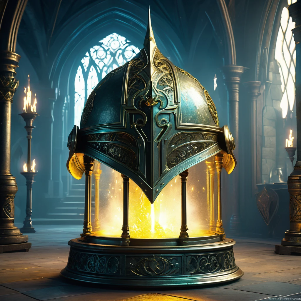 Imagine a medieval fantasy helmet displayed on a pedestal in a dimly lit chamber, exuding an aura of mystical power. The helmet is crafted from dark, enchanted metal, adorned with intricate engravings of ancient runes that glow faintly with an inner light. The visor, shaped like the face of a fierce mythical creature, is partially open, revealing an ethereal, shimmering glow from within. Surrounding the pedestal are artifacts and relics of bygone eras—dusty tomes, enchanted weapons, and glowing crystals—each adding to the atmosphere of magical lore. Flickering torches cast a warm, golden glow, accentuating the helmet’s formidable design and hinting at the powerful enchantments it possesses. Capture the sense of awe and mystery surrounding this enchanted armor, a symbol of protection and power in a medieval fantasy realm.