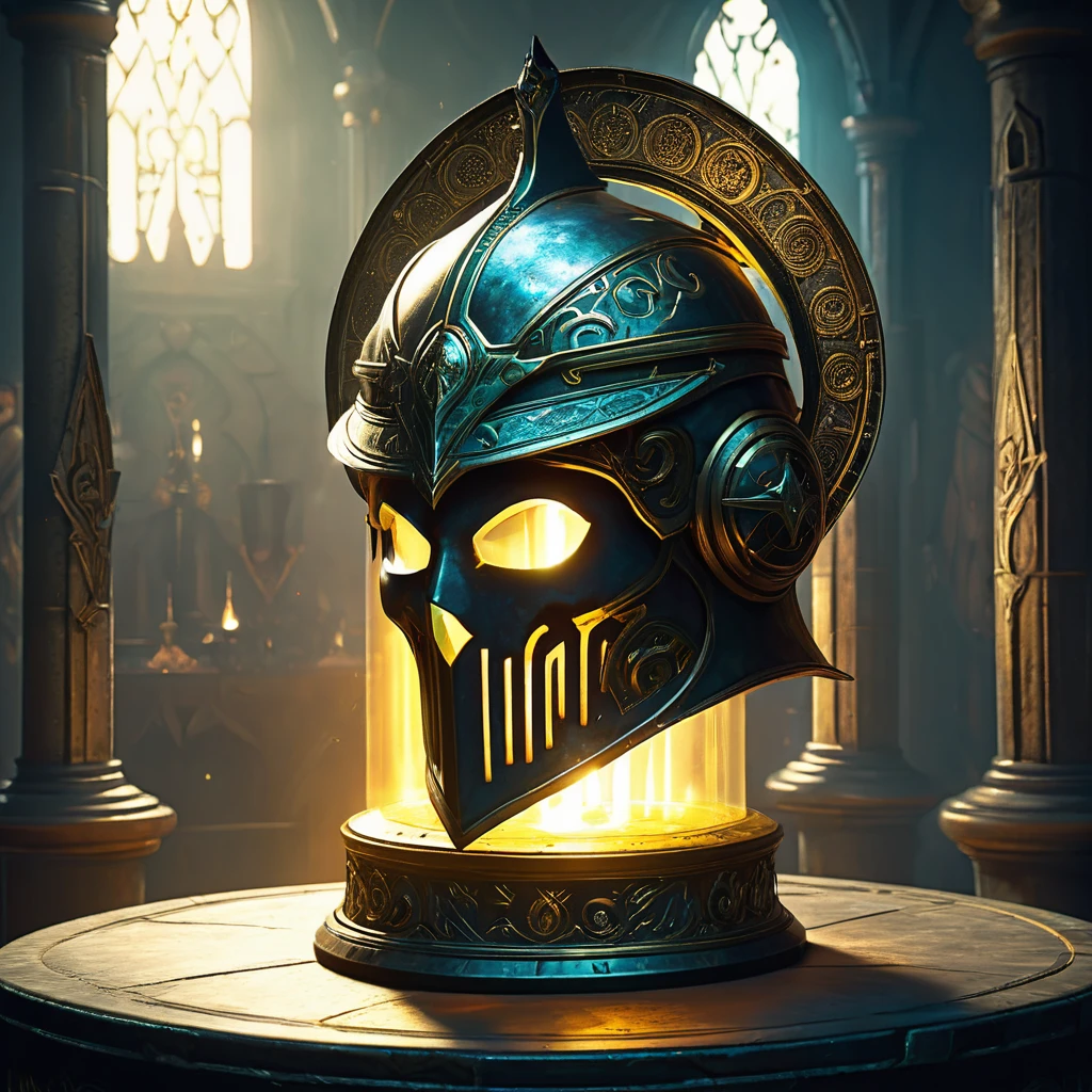 Imagine a medieval fantasy helmet displayed on a pedestal in a dimly lit chamber, exuding an aura of mystical power. The helmet is crafted from dark, enchanted metal, adorned with intricate engravings of ancient runes that glow faintly with an inner light. The visor, shaped like the face of a fierce mythical creature, is partially open, revealing an ethereal, shimmering glow from within. Surrounding the pedestal are artifacts and relics of bygone eras—dusty tomes, enchanted weapons, and glowing crystals—each adding to the atmosphere of magical lore. Flickering torches cast a warm, golden glow, accentuating the helmet’s formidable design and hinting at the powerful enchantments it possesses. Capture the sense of awe and mystery surrounding this enchanted armor, a symbol of protection and power in a medieval fantasy realm.