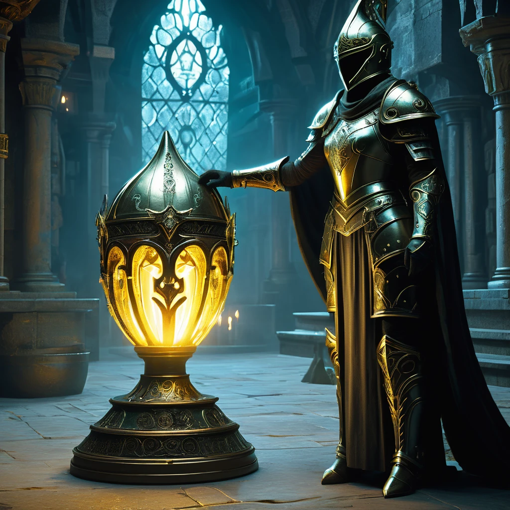 Imagine a medieval fantasy helmet displayed on a pedestal in a dimly lit chamber, exuding an aura of mystical power. The helmet is crafted from dark, enchanted metal, adorned with intricate engravings of ancient runes that glow faintly with an inner light. The visor, shaped like the face of a fierce mythical creature, is partially open, revealing an ethereal, shimmering glow from within. Surrounding the pedestal are artifacts and relics of bygone eras—dusty tomes, enchanted weapons, and glowing crystals—each adding to the atmosphere of magical lore. Flickering torches cast a warm, golden glow, accentuating the helmet’s formidable design and hinting at the powerful enchantments it possesses. Capture the sense of awe and mystery surrounding this enchanted armor, a symbol of protection and power in a medieval fantasy realm.