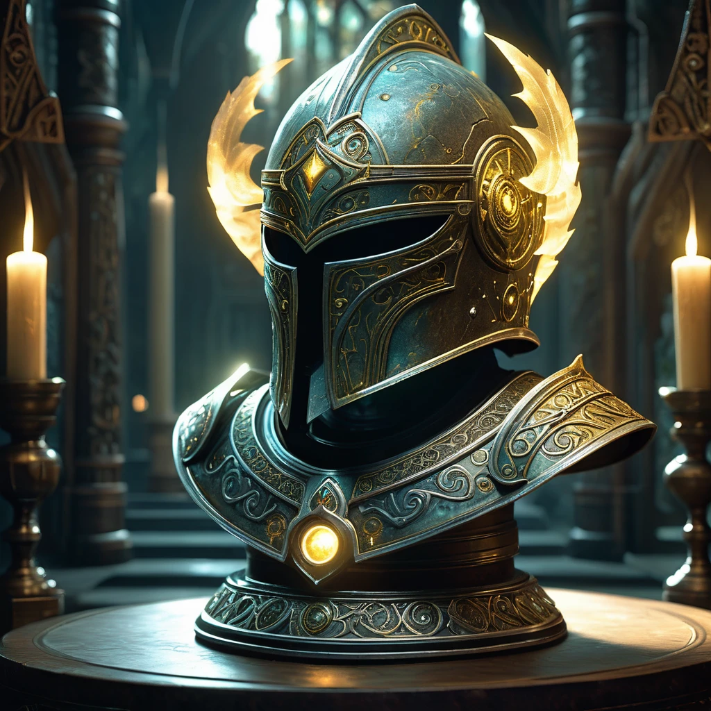 Imagine a medieval fantasy helmet displayed on a pedestal in a dimly lit chamber, exuding an aura of mystical power. The helmet is crafted from dark, enchanted metal, adorned with intricate engravings of ancient runes that glow faintly with an inner light. The visor, shaped like the face of a fierce mythical creature, is partially open, revealing an ethereal, shimmering glow from within. Surrounding the pedestal are artifacts and relics of bygone eras—dusty tomes, enchanted weapons, and glowing crystals—each adding to the atmosphere of magical lore. Flickering torches cast a warm, golden glow, accentuating the helmet’s formidable design and hinting at the powerful enchantments it possesses. Capture the sense of awe and mystery surrounding this enchanted armor, a symbol of protection and power in a medieval fantasy realm.