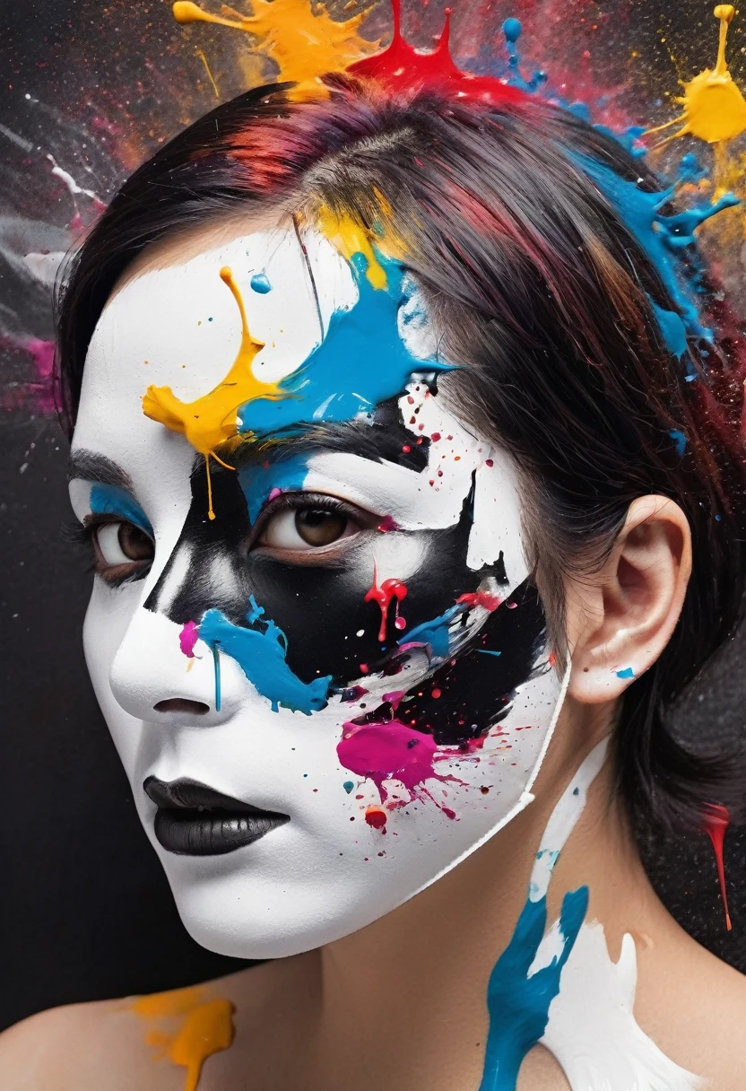 Shocking visual art, a new interpretation of pop art, a strange and disturbing atmosphere, a breathless force, A close-up portrait of A person with a white mask and a serious expression is surrounded by a colorful explosion of paint. The colors are vibrant and dynamic, creating a sense of energy and movement. The image is rendered in a realistic style, with a focus on the textures of the paint and the mask. The background is black, which helps to highlight the colors of the paint. The image is a beautiful and thought-provoking piece of art.