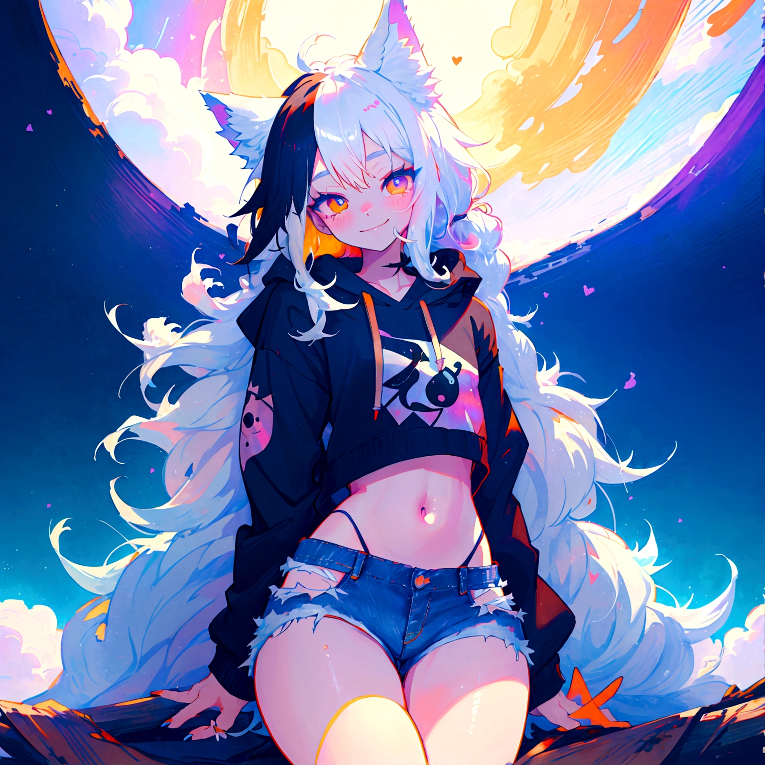 a cute adult male with wolf ears, long white hair, long locks, has a wolf tail, wearing a loose cropped black hoodie, wearing a pair of denim short shorts and fishnet stockings, thick thighs, wide hips, relaxing on mound of fluffy multi colored kawaii plushies, short, very slim, showing slender tummy, heart on hoodie, squishy thighs, has glowing blue eyes. alone, solo (ALONE)(SOLO), surrounded by rainbows, colorful galaxy backround, smiling