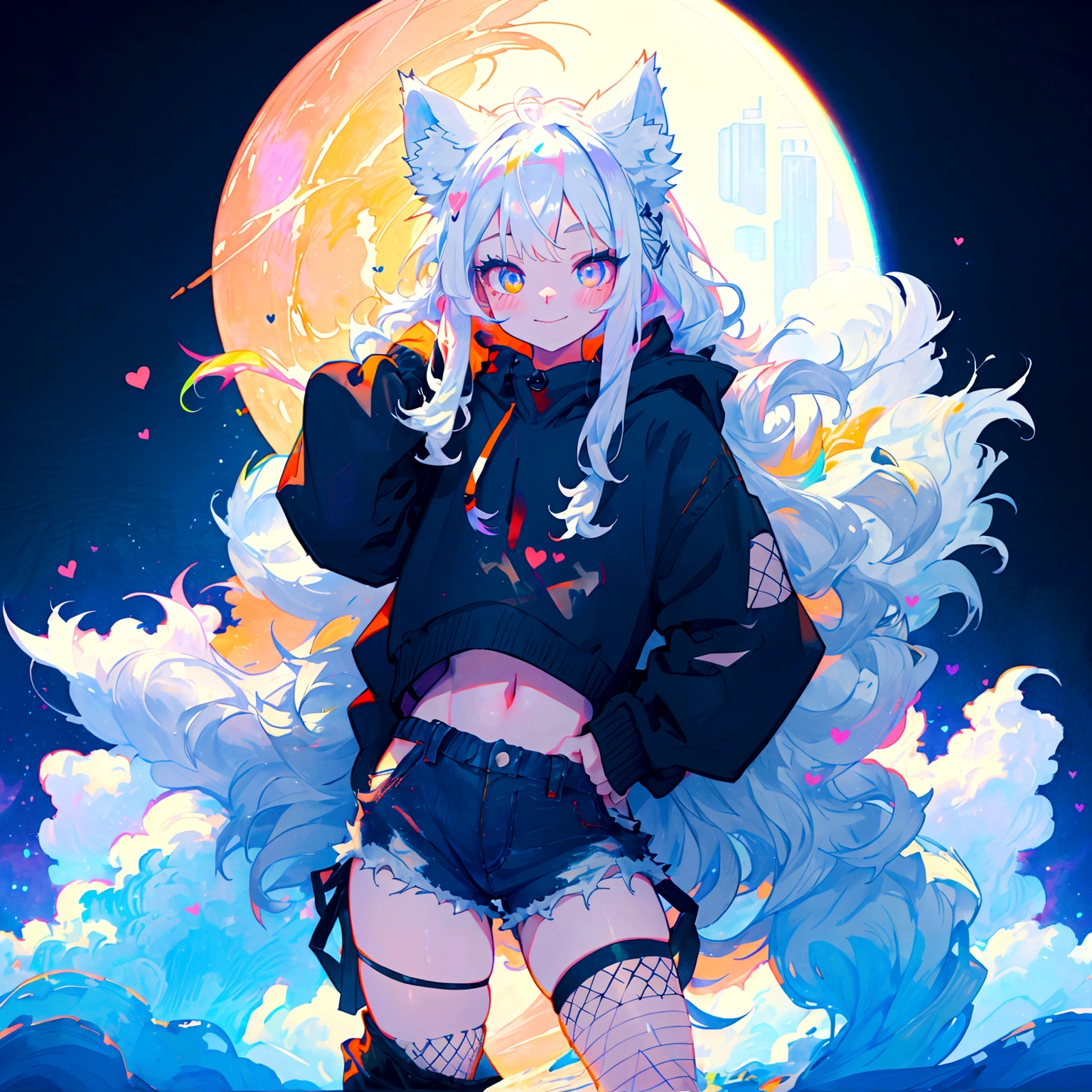 a cute adult male with wolf ears, long white hair, long locks, has a wolf tail, wearing a loose cropped black hoodie, wearing a pair of denim short shorts and fishnet stockings, thick thighs, wide hips, relaxing on mound of fluffy multi colored kawaii plushies, short, very slim, showing slender tummy, heart on hoodie, squishy thighs, has glowing blue eyes. alone, solo (ALONE)(SOLO), surrounded by rainbows, colorful galaxy backround, smiling