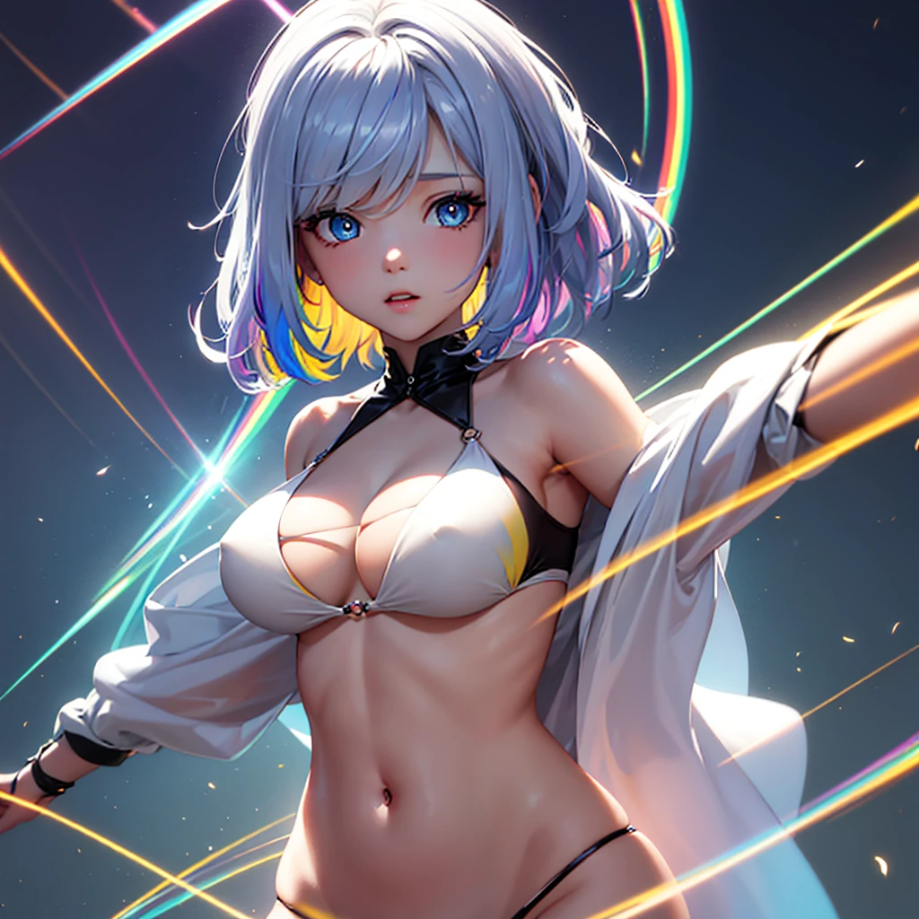 {{masterpiece}}, best quality, extremely detailed CG unity 8k wallpaper, cinematic lighting, lens flare, beautiful detail eyes, black, side glance, multicolor short blonde hair, colorful light, particles, heterochromia, (colorful:1.5), (colorful hair:1.5), Wears white bikini, rooftop background,