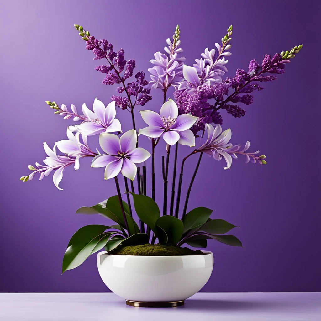 ikebana Lilac flower, bold purple coloring and elegant white outline imbue the flower with a regal look, plus the elongated petals add to the uniqueness of the presentation.