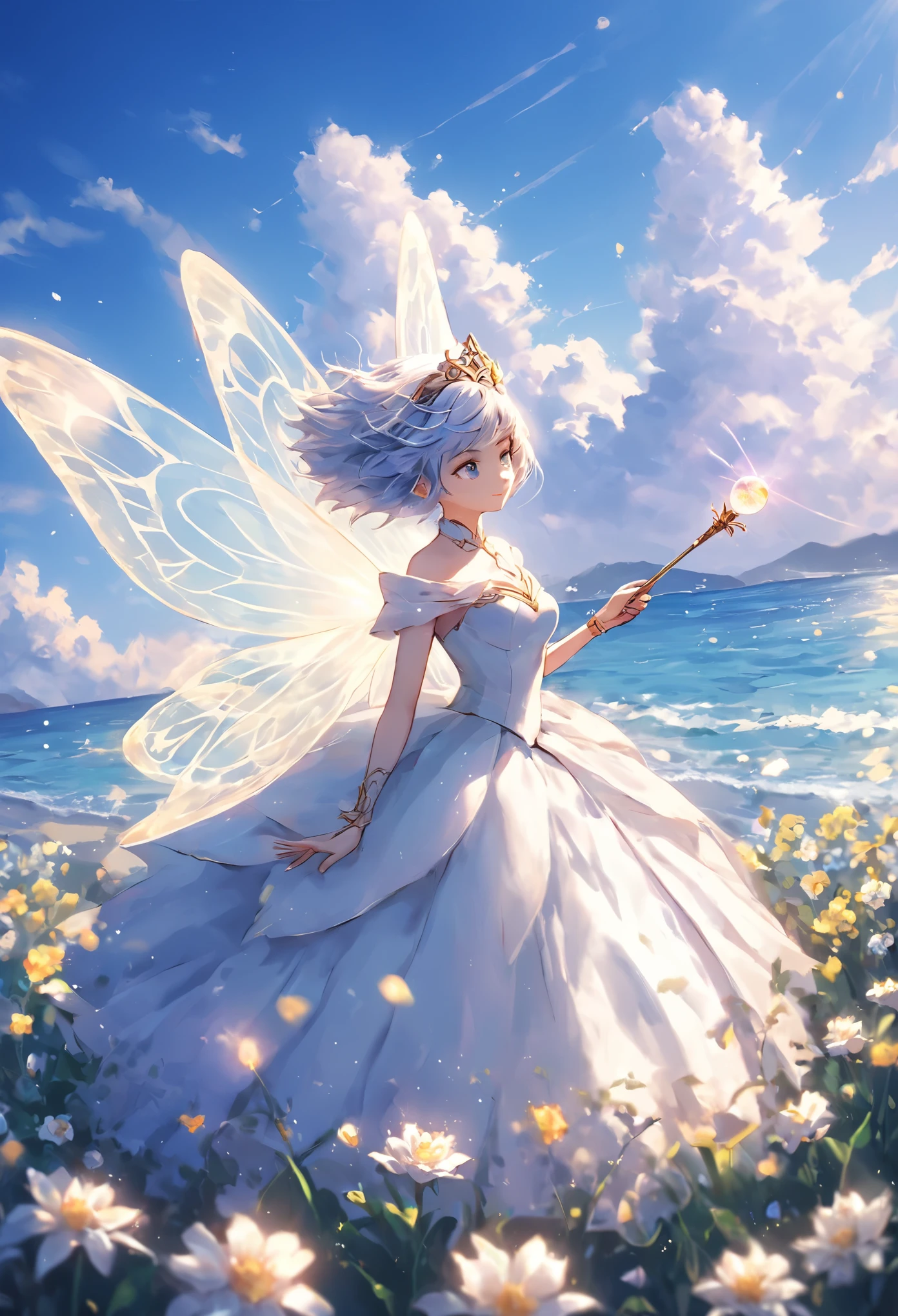 Blue sky, white clouds floating in the distance, a standing on a flower sea, holding a fairy wand in her hand to summon flying fireflies around her. The background is full of large and small cloud flowers, creating an atmosphere of fantasy and dreamy blue tones. In the style of a high definition anime, with high resolution. A panoramic view from above, capturing the vastness of nature. Soft lighting creates a warm feeling.