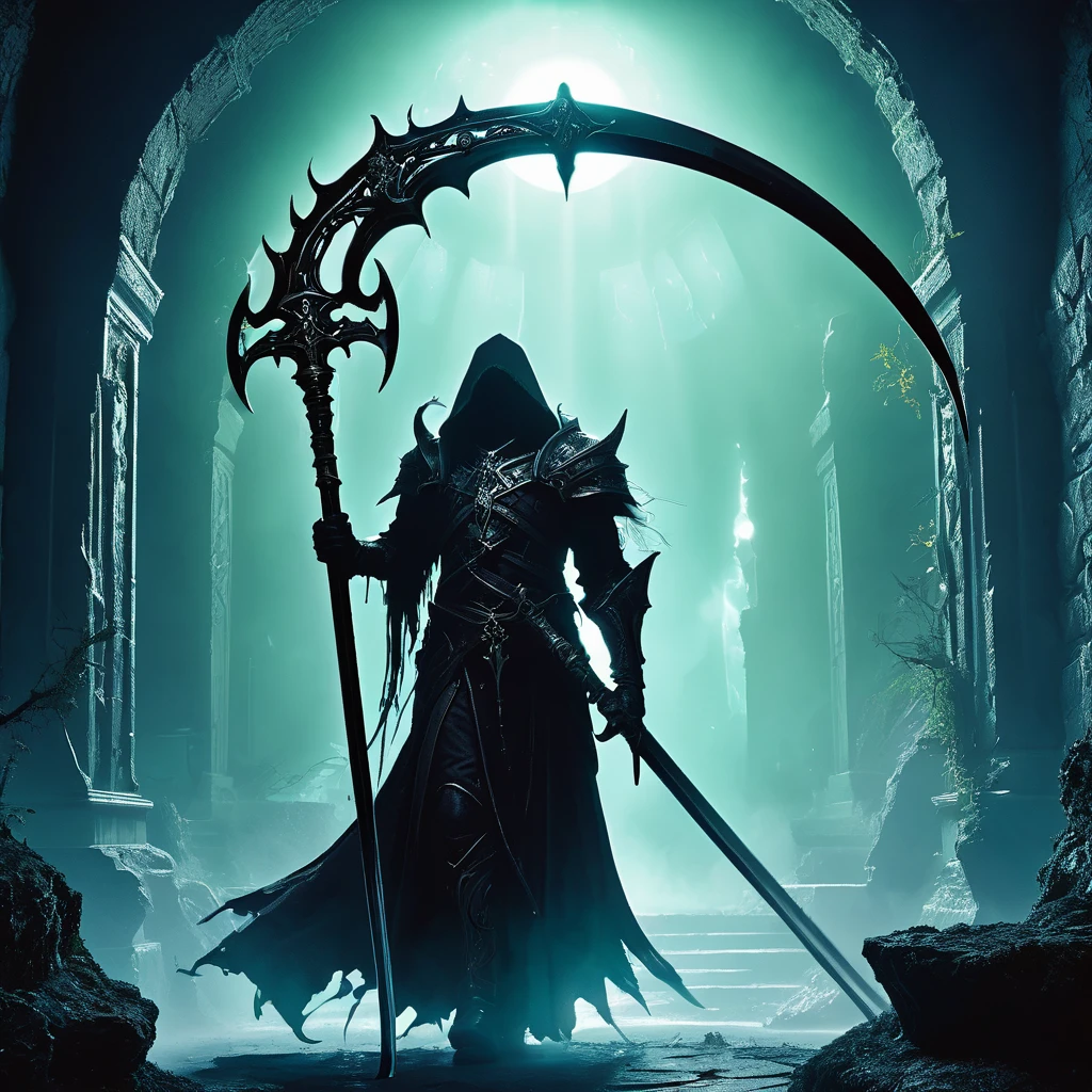 Envision a medieval fantasy scythe standing tall in a shadowy, mystical chamber, its presence commanding respect and awe. The scythe's handle is crafted from dark, ancient wood, wrapped in leather and adorned with silver runes that faintly glow with arcane power. The long, curved blade, forged from a rare, enchanted metal, gleams with a sinister yet captivating light, its edge honed to deadly perfection. Surrounding the scythe are relics of the past: dusty tomes, glowing crystals, and ancient artifacts, all hinting at forgotten magic and dark legends. Flickering candles cast eerie shadows that dance across the stone walls, creating an atmosphere of mystery and danger. in the forest
