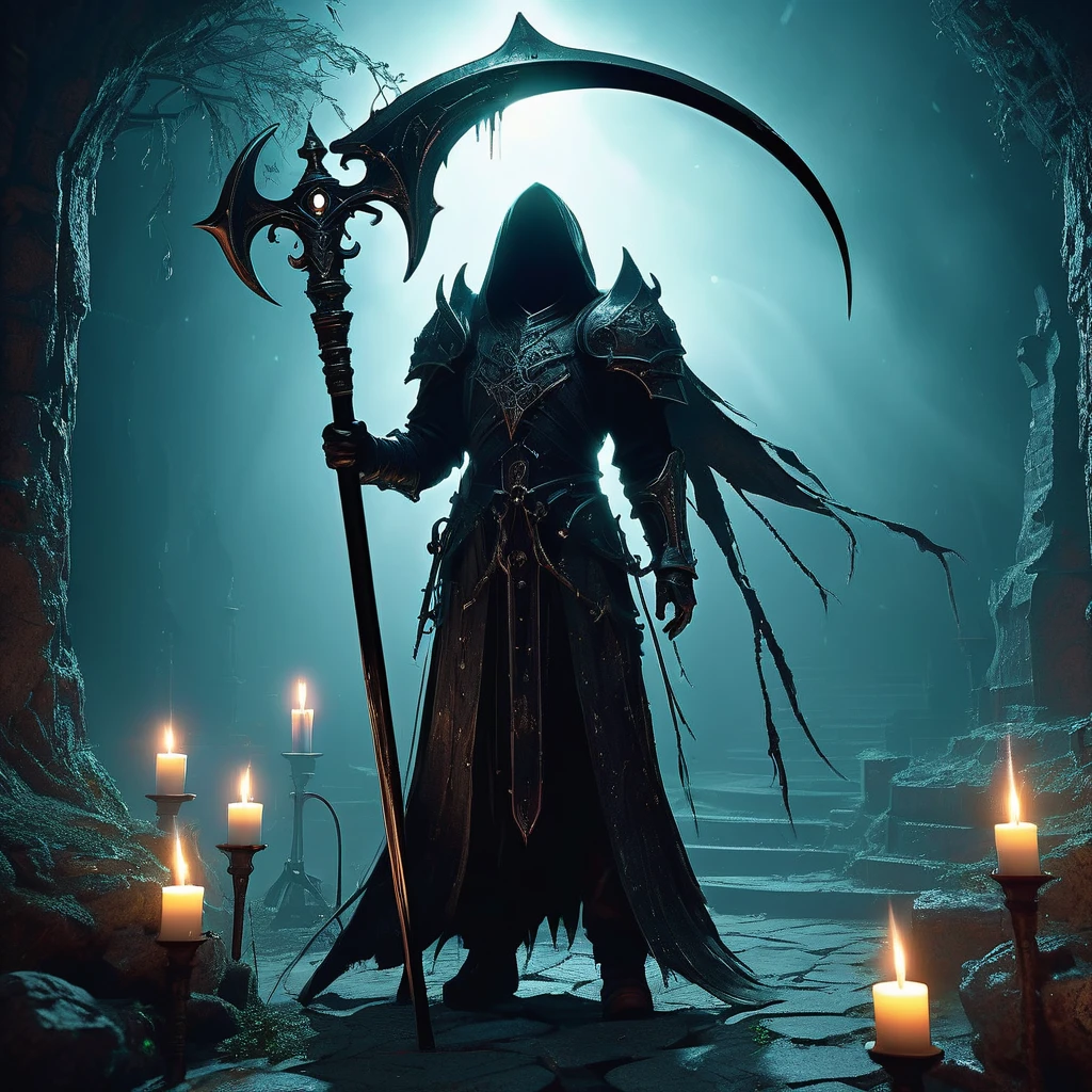 Envision a medieval fantasy scythe standing tall in a shadowy, mystical chamber, its presence commanding respect and awe. The scythe's handle is crafted from dark, ancient wood, wrapped in leather and adorned with silver runes that faintly glow with arcane power. The long, curved blade, forged from a rare, enchanted metal, gleams with a sinister yet captivating light, its edge honed to deadly perfection. Surrounding the scythe are relics of the past: dusty tomes, glowing crystals, and ancient artifacts, all hinting at forgotten magic and dark legends. Flickering candles cast eerie shadows that dance across the stone walls, creating an atmosphere of mystery and danger. in the forest