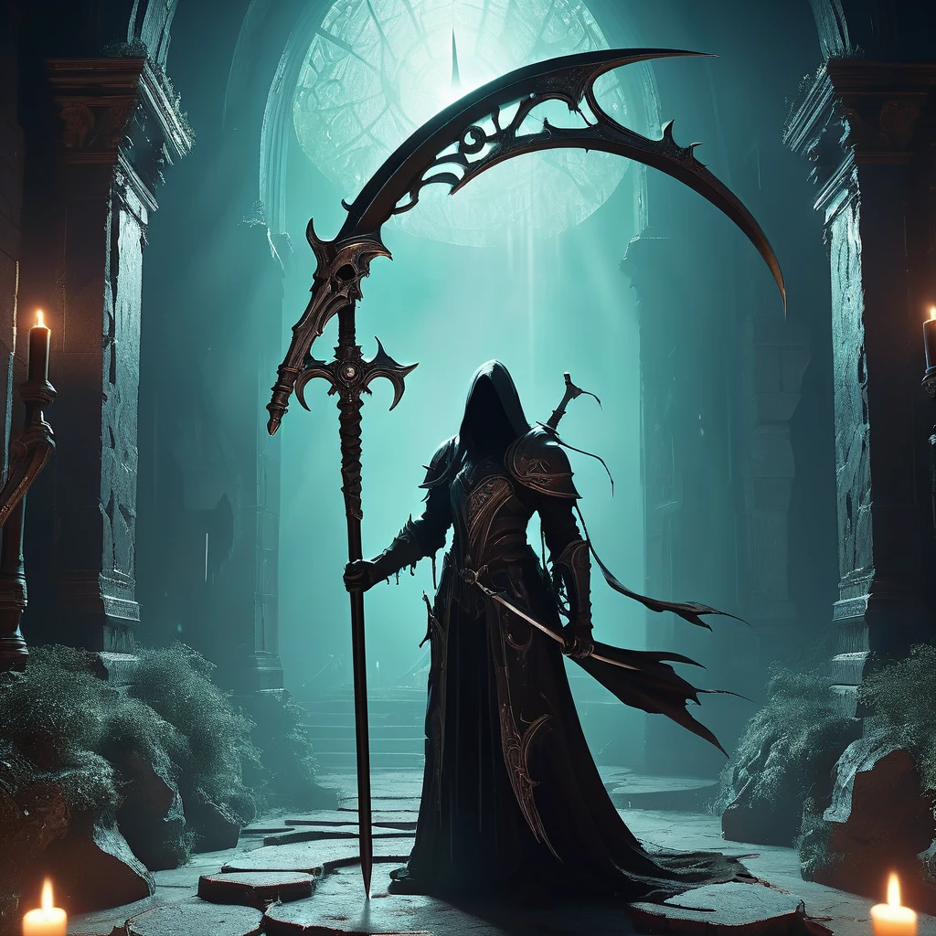 Envision a medieval fantasy scythe standing tall in a shadowy, mystical chamber, its presence commanding respect and awe. The scythe's handle is crafted from dark, ancient wood, wrapped in leather and adorned with silver runes that faintly glow with arcane power. The long, curved blade, forged from a rare, enchanted metal, gleams with a sinister yet captivating light, its edge honed to deadly perfection. Surrounding the scythe are relics of the past: dusty tomes, glowing crystals, and ancient artifacts, all hinting at forgotten magic and dark legends. Flickering candles cast eerie shadows that dance across the stone walls, creating an atmosphere of mystery and danger. in the forest