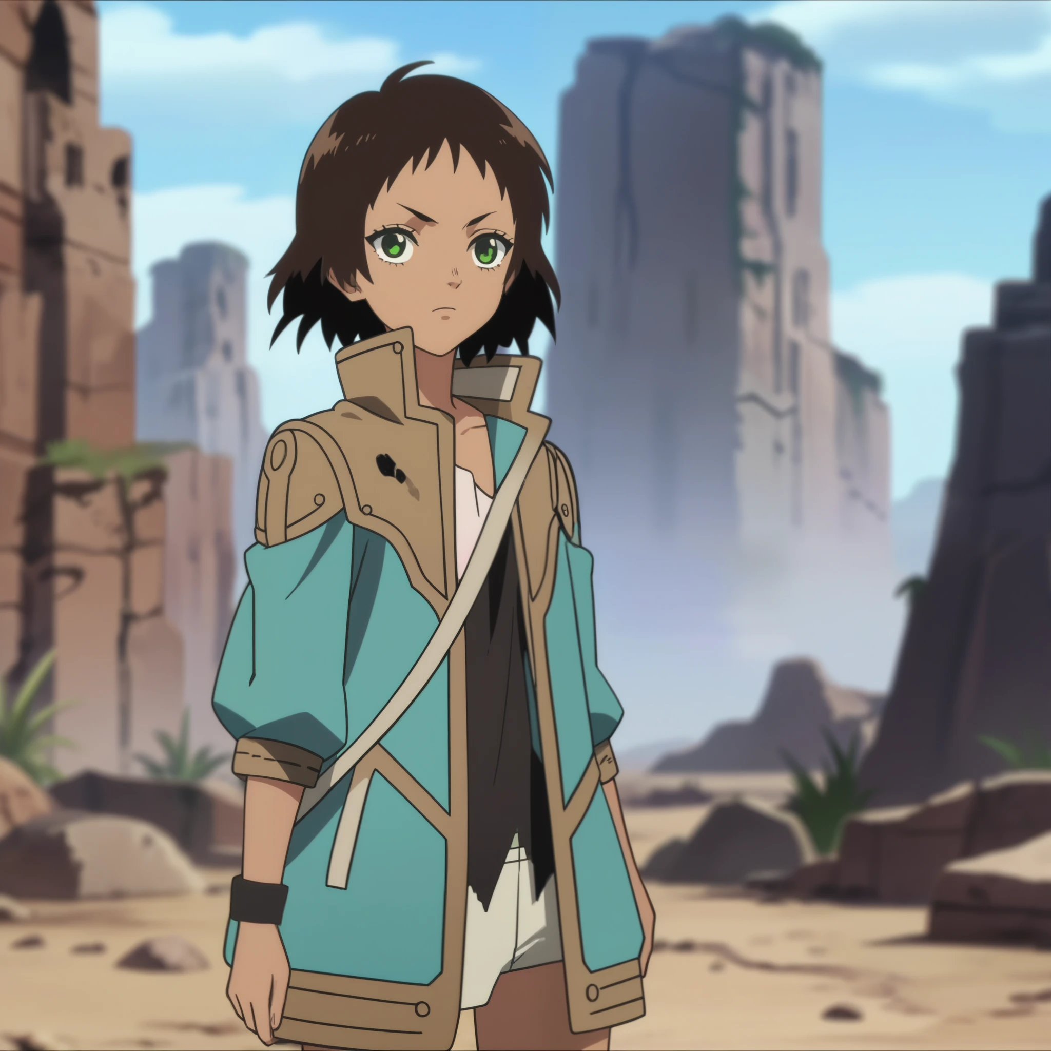 score_9, score_8_up, anime screencap,source_anime, anime coloring,tonarixl, short hair, brown hair, green eyes, dark-skinned female, jacket, bag, outdoors, dirt, ruins, desert cliff,