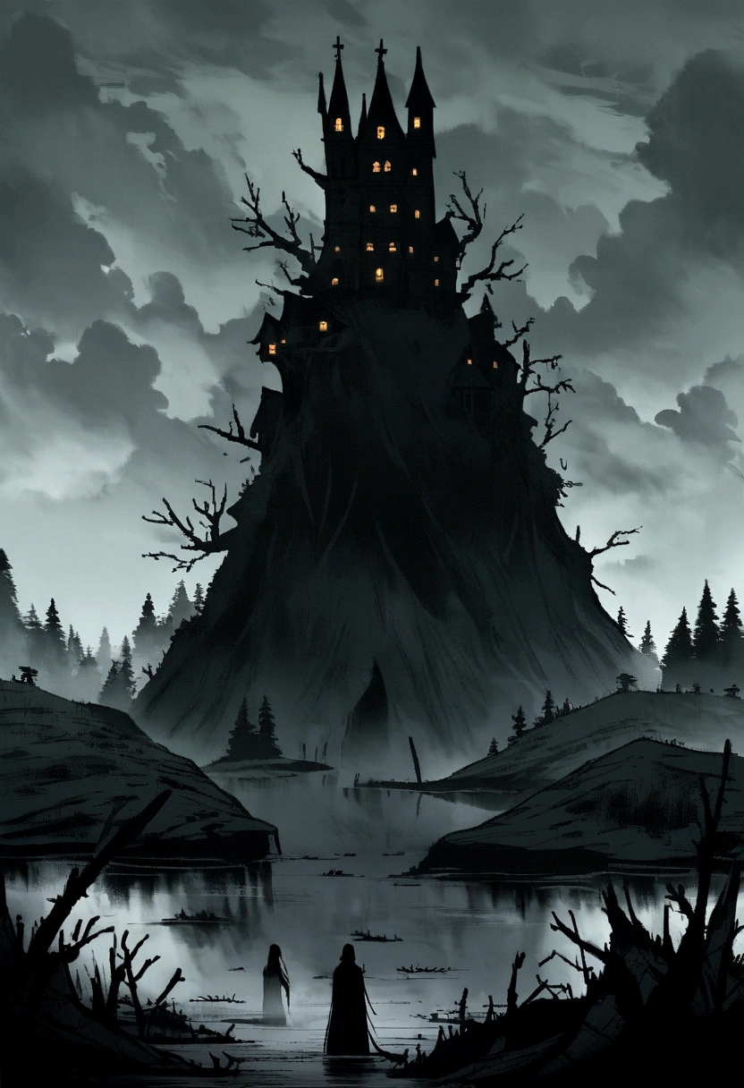 color photo of a dark and foreboding landscape, set in a medieval world of RPG adventures. The scene depicts a somber and desolate land, with twisted dead trees reaching towards a brooding sky. In the distance, a haunted house stands as a chilling reminder of the mysteries that lie within. The surrounding marshland is shrouded in mist, adding an eerie atmosphere to the scene. In the murky waters of the swamp, a lurking crocodile emerges, its eyes gleaming with a predatory gaze. The combination of the decaying trees, the haunted house, the swamp, and the presence of the crocodile creates an atmosphere of suspense and danger. It is a scene that immerses the viewer in a world of dark fantasy, where heroes must navigate treacherous landscapes and face formidable foes to unravel the secrets that haunt the land