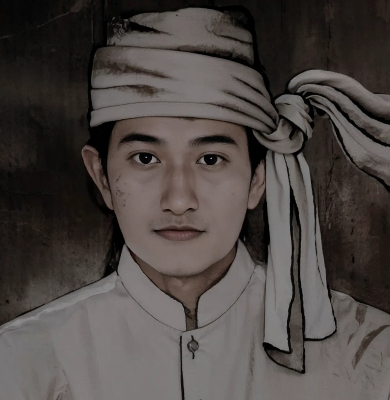 A man from Indonesia known as a king and warrior in Central Sulawesi, aged 30 years or over, wearing a head covering with ties on the sides, wearing old Islamic clothes covered at the top, brown skin, thin lips, clean eyes, clean shining face. HD quality realistic images